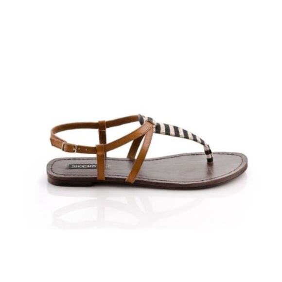 Shoemint Brown Stripe Thong Flat Slingback Ankle Buckled Sandals Women's Size 6 - Picture 2 of 13